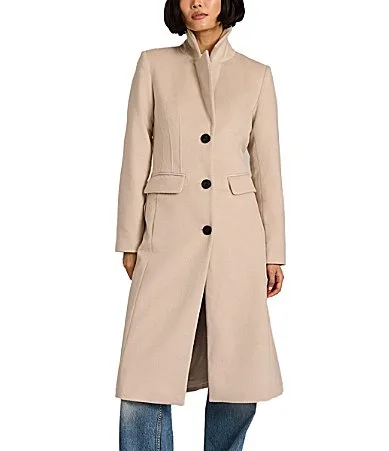 Dart Wool Blend Notch Collar Button Front Single Breasted Coat by Bernardo