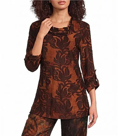 Knit Burnout Tie Dye Cowl Neck 34 Roll-Tab Sleeve Tunic by Calessa