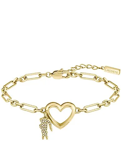 Love IP Gold Heart Crystal Pave Crocodile Line Bracelet by Lacoste