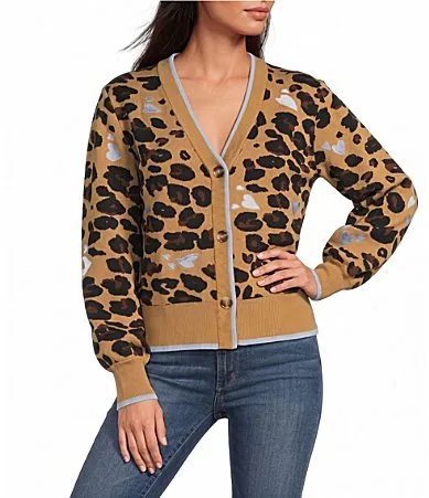 Heart Embroidered Leopard Print V-Neck Long Sleeve Button Front Cardigan by Never Fully Dressed
