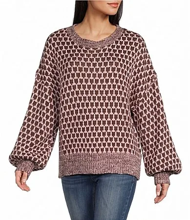 Geometric Patterned Long Sleeve Marled Trim Relaxed Sweater by Blu Pepper