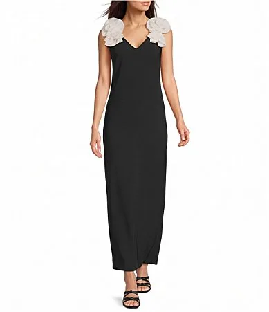 Roslin Satin Back Crepe Contrast Flower Ruffled V-Neck Sleeveless Maxi Dress by Lilly Pulitzer