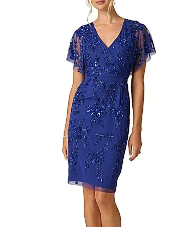 Flutter Sleeve Beaded Dress by Adrianna Papell