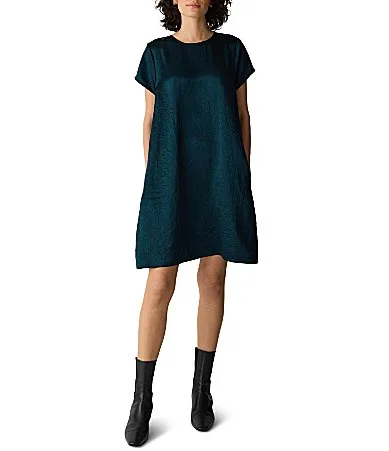Crinkled Textured Satin Round Neck Short Sleeve Shift Dress by Eileen Fisher