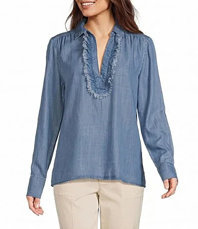 Woven Denim Split Neck Long Sleeve Top by Tru Luxe Jeans