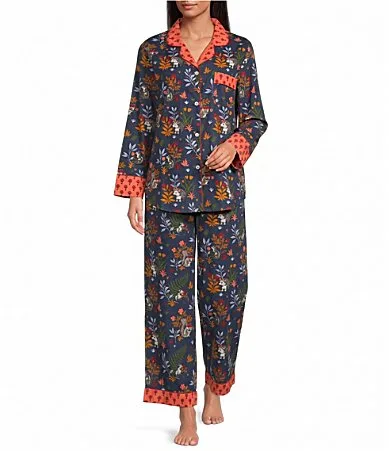 Woodland Critters Print Long Sleeves Notch Collar Woven Organic Cotton Poplin Long Pajama Set by Printfresh