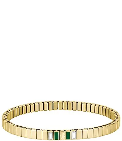Courtline IP Gold Green Enamel and Crystal Baguette Band Stretch Bracelet by Lacoste
