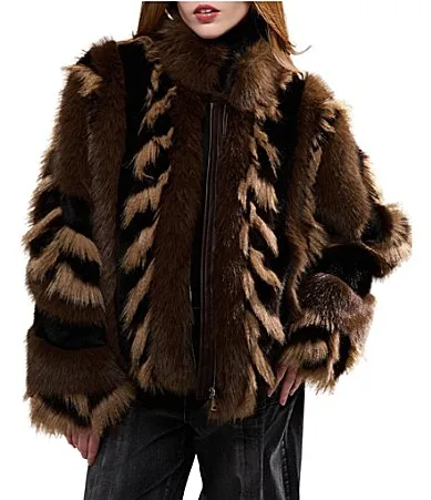 Inez Faux Fur Animal Stripe Stand Collar Zip Front Jacket