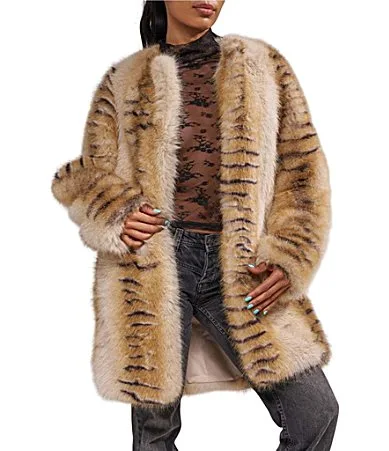 Elle Animal Print Faux Fur Collarless Single Breasted Jacket by Azalea Wang