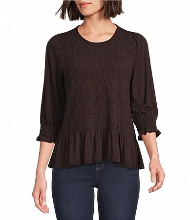 Knit Jersey Crew Neck 3/4 Sleeve Smocked Peplum Top by Intro