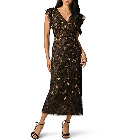 Beaded Floral Lace Midi Dress by Adrianna Papell