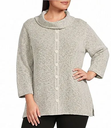 Textured Knit Cowl Neck 3/4 Sleeve Faux Button Novelty Top by Multiples