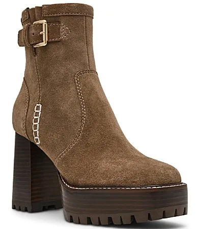 Summit Suede Buckle Hardware Platform Block Heel Booties by Steve Madden
