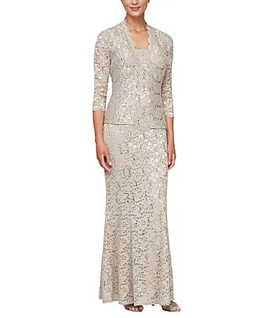 34 Sleeve Scoop Neck Sequin Lace 2-Piece Jacket Dress by Ignite Evenings