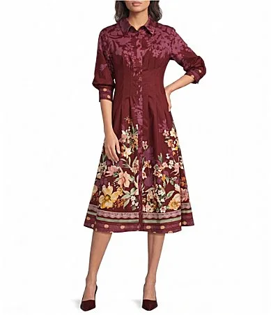 Satin Floral Print Point Collar 34 Sleeve Midi Length Shirt Dress by Current Air