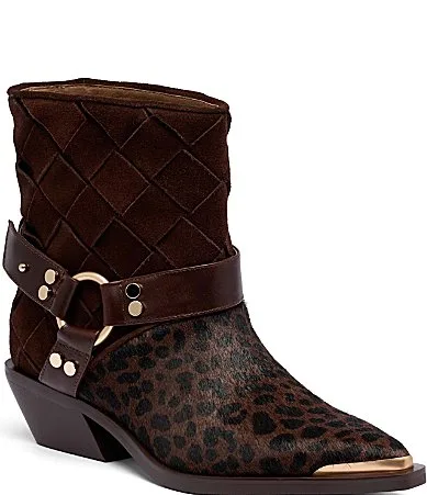 Cassidy Woven Suede and Leopard Print Calf Hair Harness Booties