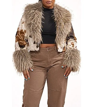 Bree Cow Faux Fur Shawl Collar Cropped Jacket by Azalea Wang