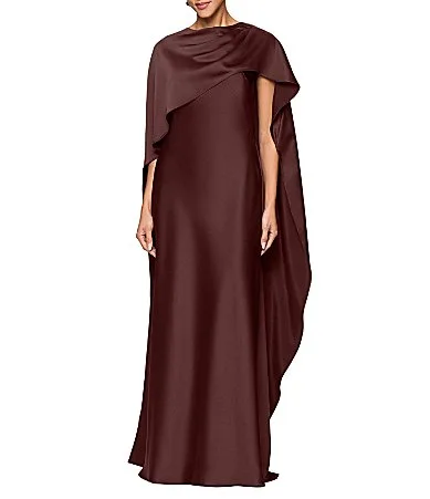Crew Neck Cape Back Overlay Long Satin Dress by Xscape