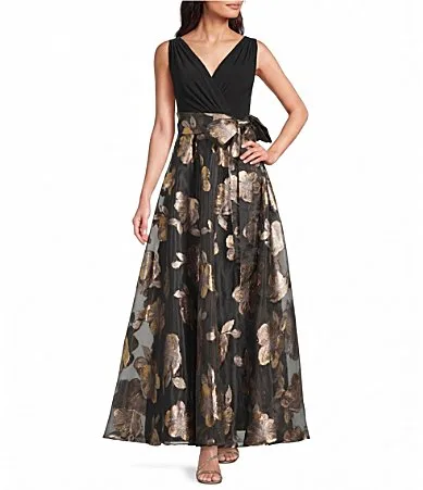 Sleeveless Surplice Neck Ballgown Skirt Floral Burnout Organza Long Dress