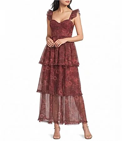 Chiffon Floral Printed Sweetheart Neck Tiered Ruffle Midi Dress by Blu Pepper