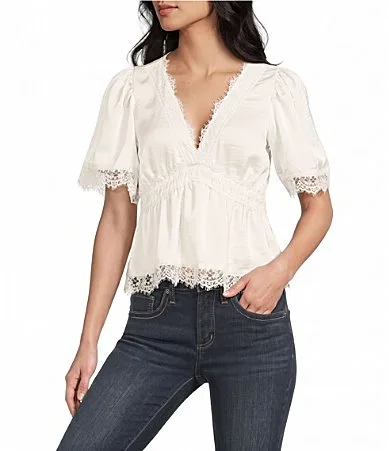 Satin Lace Trim V-Neck Short Sleeve Top