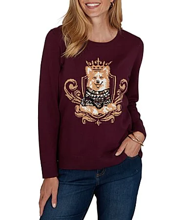 Jacquard Knit Regal Corgi Crew Neck Long Sleeve Sweater by Ruby Rd