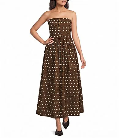 Polka Dot Printed Strapless Gold Button A-Line Midi Dress by Le Alx