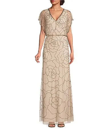 Beaded Mesh Dolman Sleeve Blouson Gown by Adrianna Papell