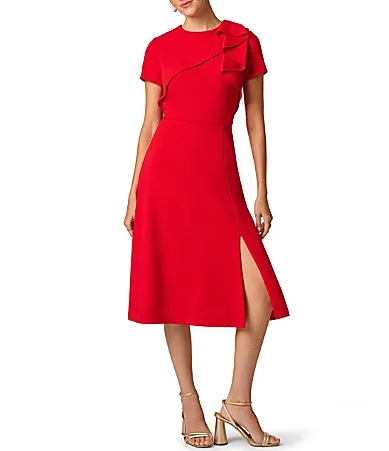 Short Sleeve Crepe Fit and Flare Midi Dress