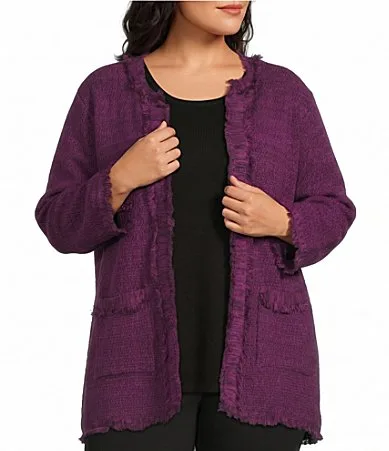 Textured Knit Novelty Open Front 34 Sleeve Fringe Trim Open Front Jacket