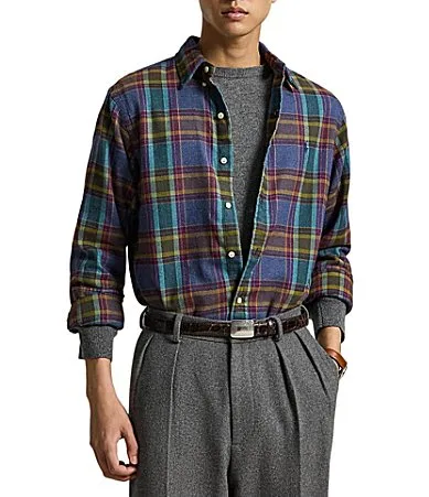 Classic Fit Multi-Color Plaid Brushed Flannel Long Sleeve Woven Shirt by Polo Ralph Lauren