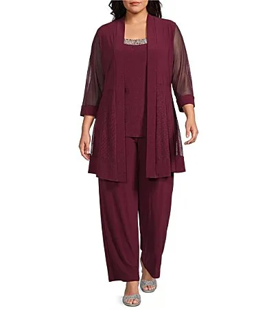 Scoop Neck 3/4 Sleeve Beaded Detail Top & Sheer Knit Jacket 2-Piece Pull-On Pant Set by R&M Richards
