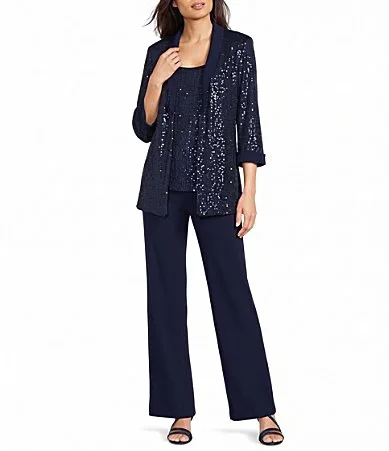 Three Piece Pantsuit with Sequin Mesh Tuxedo Jacket and Tank with Satin Lapels and Cuffs by R&M Richards