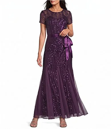 Mesh Sleeveless Embroidered Sequin Godet Belted Long Dress by R&M Richards