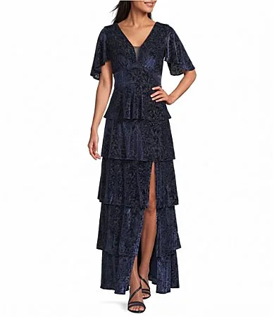 Jacquard Velvet Burnout Short Flutter Sleeve V Neck Tiered Hem Long Dress by R&M Richards