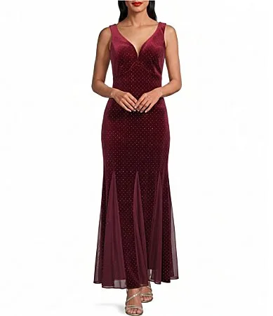 Stretch Velvet Mini Rhinestone Detail V Neck Sleeveless Godet Skirt Long Dress by R&M Richards