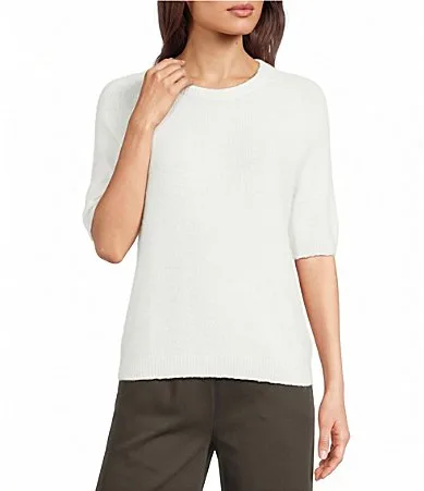 Brushed Knit Crew Neck 3/4 Sleeve Sweater Top by M Made in Italy