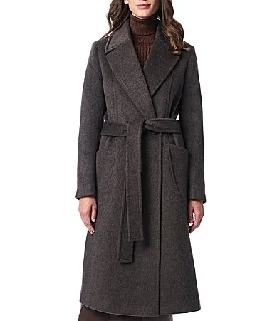 Wool Blend Notch Lapel Belted Two Button Front Coat by Bernardo