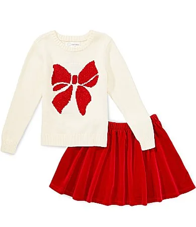 Long Sleeve Bow Sweater & Coordinating Velvet Skirt Set by Adventurewear 360