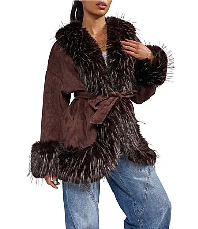Maelle Faux Sueded Open Lapel Belted Penny Lane Jacket by Azalea Wang