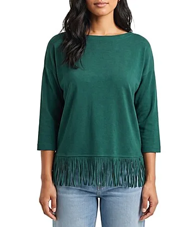 Knit Boat Neck 3/4 Sleeve Fringe Hem Top by Karen Kane