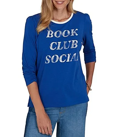 Knit Book Club Crew Neck 3/4 Ruched Sleeve Tee by Ruby Rd