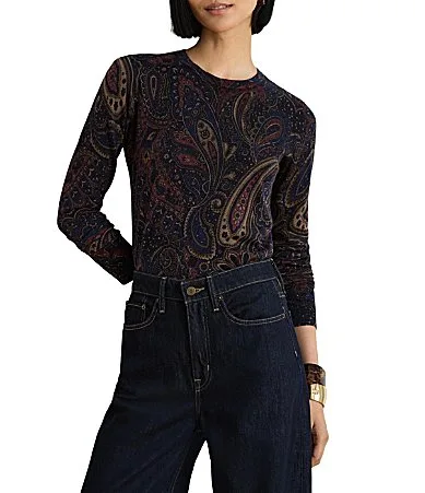 Ribbed Knit Paisley Print Crew Neck Long Sleeve Sweater by Ralph Lauren