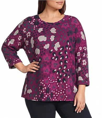 Brushed Hatchie Knit Floral Multi Scoop Neck 3/4 Dolman Sleeve Top by Multiples