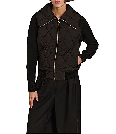 Quilt Wide Point Collar Rib Sleeves Zip Front Bomber Jacket by Bernardo