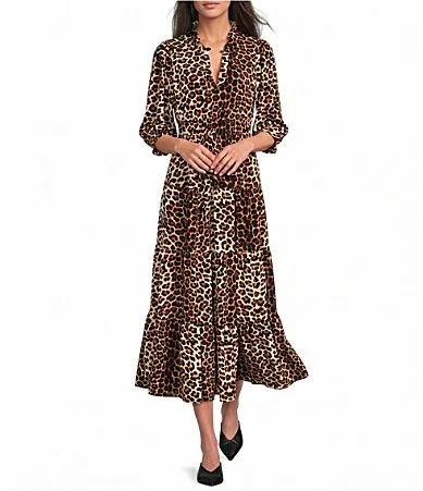 Knit Animal Print V-Neck Long Sleeve A-Line Midi Dress
