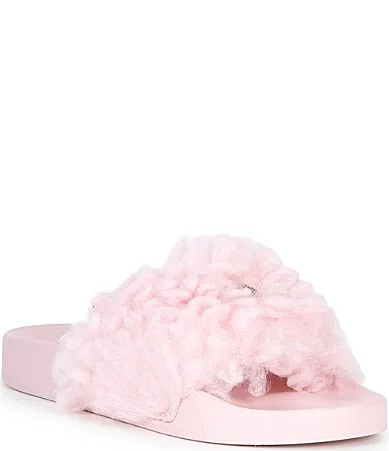 London Meena Eagle Fluff Signature Logo Eagle Ornament Faux Fur Slides by Kurt Geiger