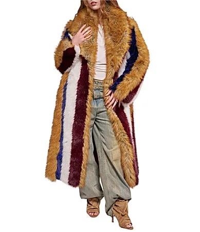 Gracella Mul Faux Fur Stripe Shawl Collar Zip Front Trench Coat by Azalea Wang