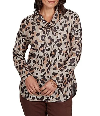 Hatchi Knit Leopard Print Draped Drawstring Cowl Neck Long Sleeve Top by Ruby Rd