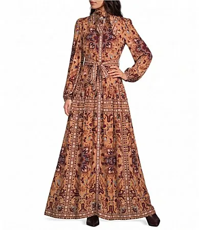Printed Collared Long Sleeve Belted Scarf Maxi Shirt Dress by A Loves a